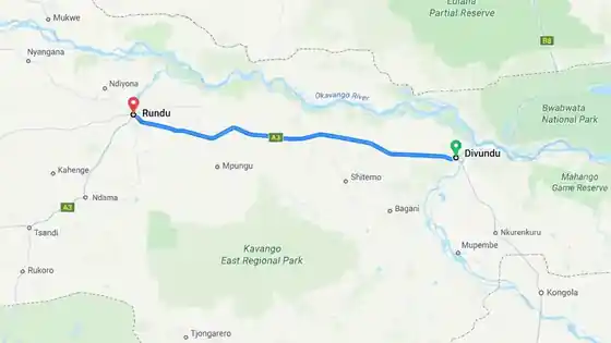 Map showing the active route from Rundu to Divundu in north-eastern Namibia