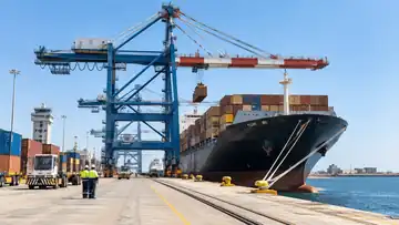 Namport ship-to-shore cranes operating at the Port of Walvis Bay