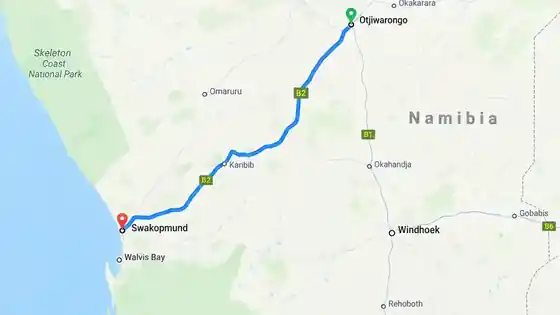 Map showing the active route from Swakopmund to Otjiwarongo in Namibia